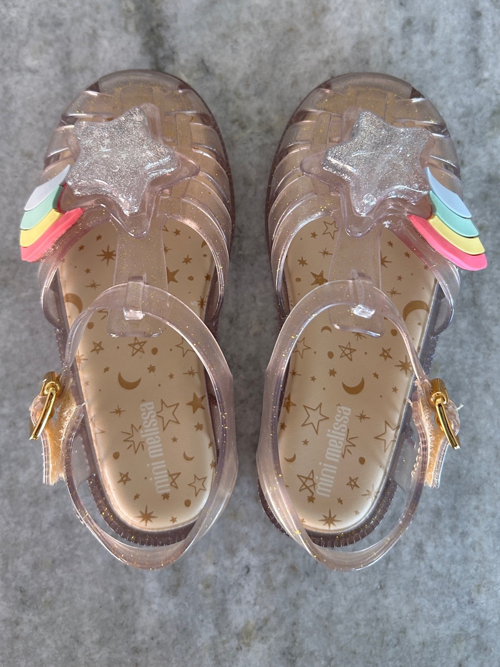 Mini Melissa Glass Gold Shooting Star Sandals Size 10